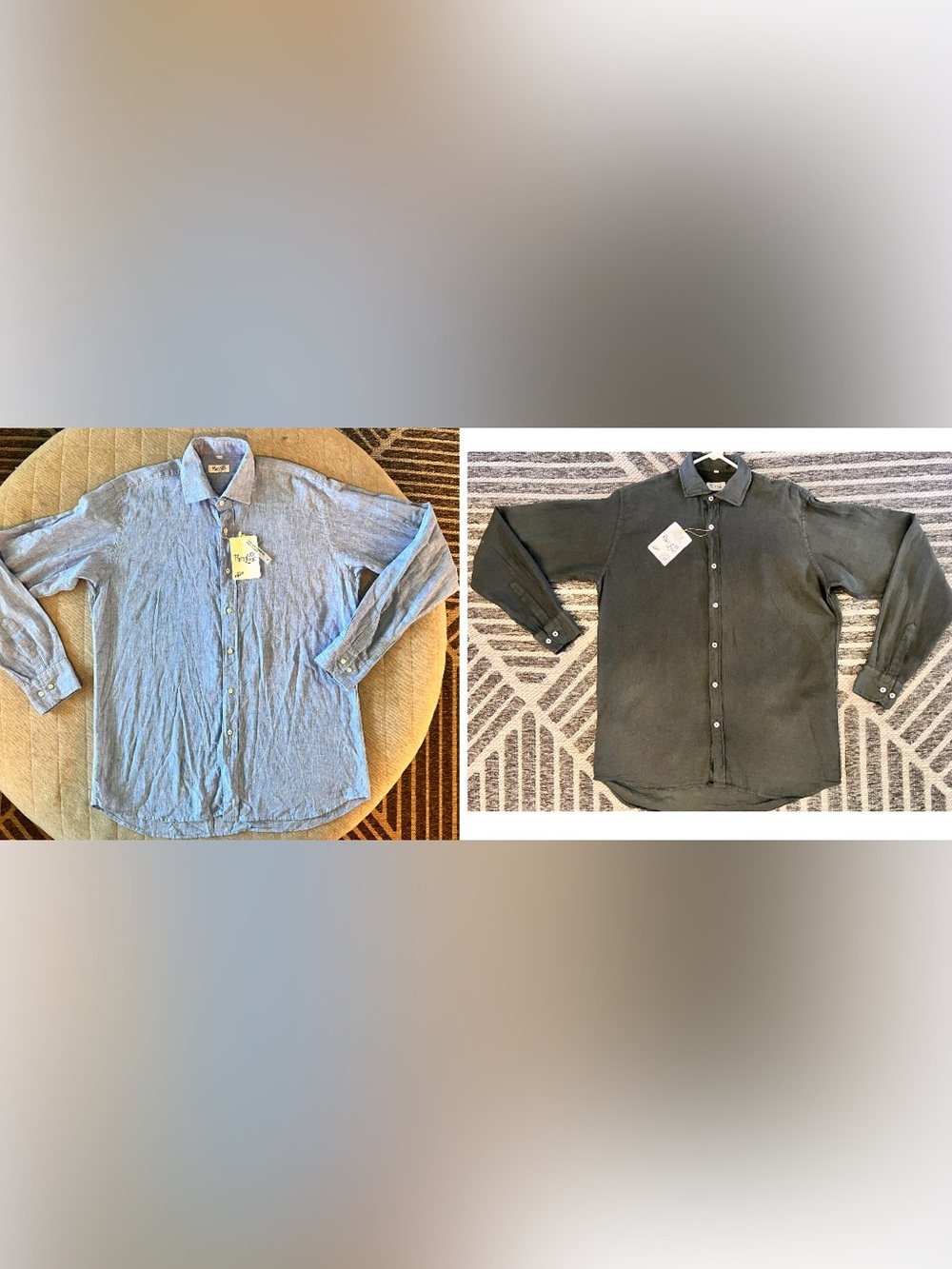 NWT PURO LINO Medium Dark Green & Blue Chambray Organic Linen Med Weight Shirt
